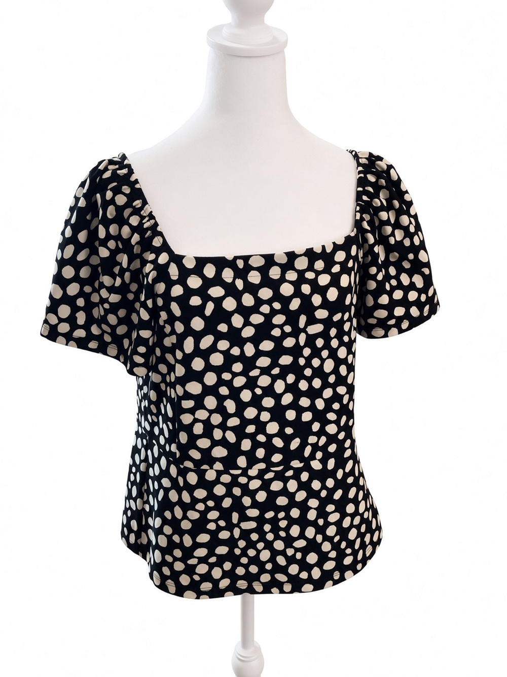 Square Neck Puff Sleeve Polka Dot Blouse - Black & Cream